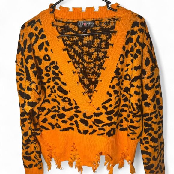 Small CU NYC Cheetah Print Fringe Crop Sweater Orange Black Bold - Picture 2 of 6
